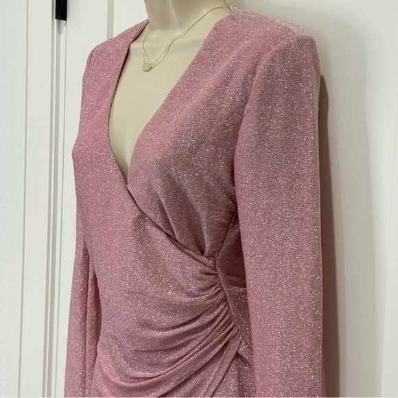 Superdown Laurie Wrap Mini Dress Ruched Long Sleeve Bodycon Pink Sparkle Small - Picture 5 of 10